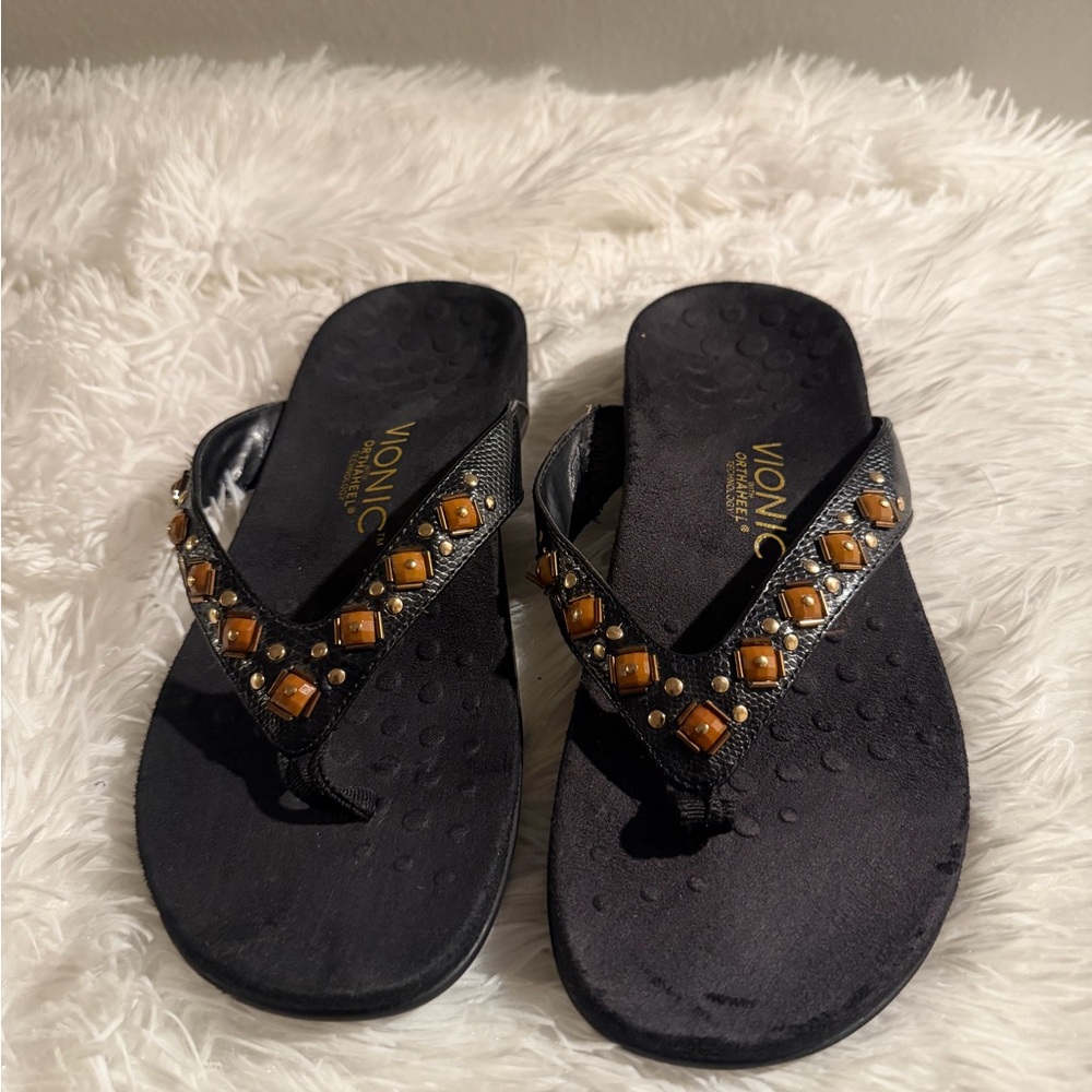 Vionic Black Sandals with Gold Studs size 7